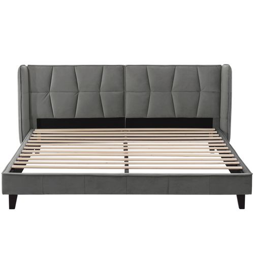 Lit Adulte Lit Double 180x200 Cm Avec Tête De Lit Tapissée Et Sommier à Lattes, Velours, Gris
