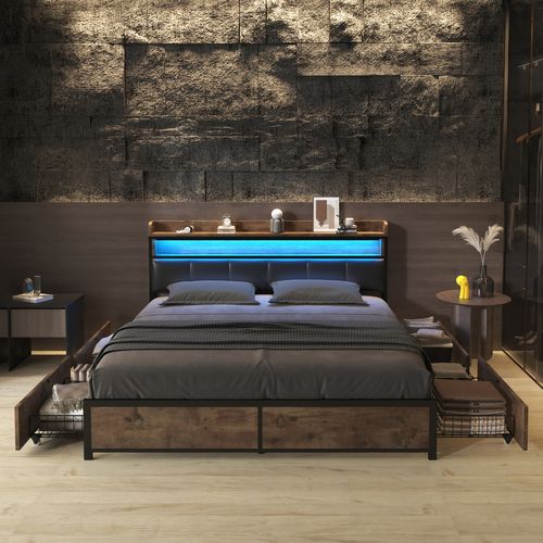Lit Adulte LED 160x200 Cm, Lit 2 Place, Avec 4 Tiroirs De Rangement, Structure En Fer, Pu, noir