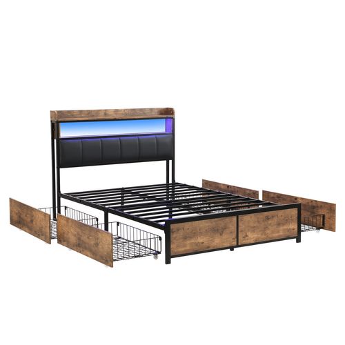 Lit Adulte LED 160x200 Cm, Lit 2 Place, Avec 4 Tiroirs De Rangement, Structure En Fer, Pu, noir