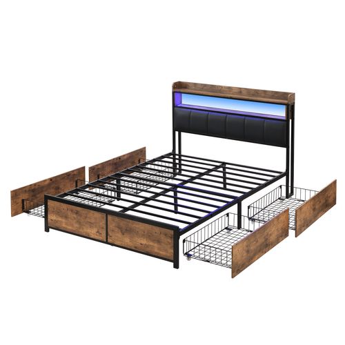 Lit Adulte LED 160x200 Cm, Lit 2 Place, Avec 4 Tiroirs De Rangement, Structure En Fer, Pu, noir