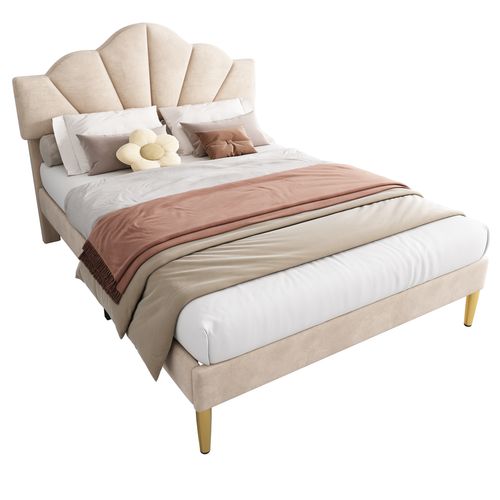 Lit Capitonné Adulte 140x190 Cm, Lit 2 Place, Avec Tête De Lit Réglable En Hauteur, Velours, Beige