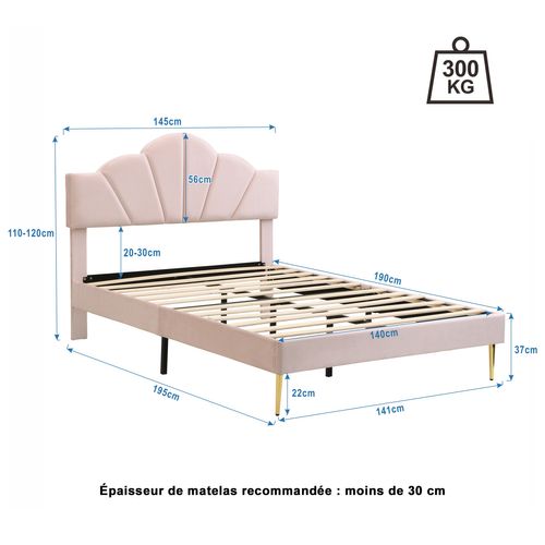 Lit Adulte 140x190 Cm, Lit 2 Places Avec Tête De Lit Réglable En Hauteur, Velours, Rose