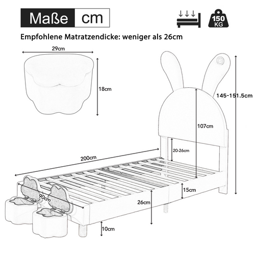 Lit Simple Enfant 90x200cm, Tête De Lit Réglable Avec 2 Coffres De Rangement, LED, Velours, Rose