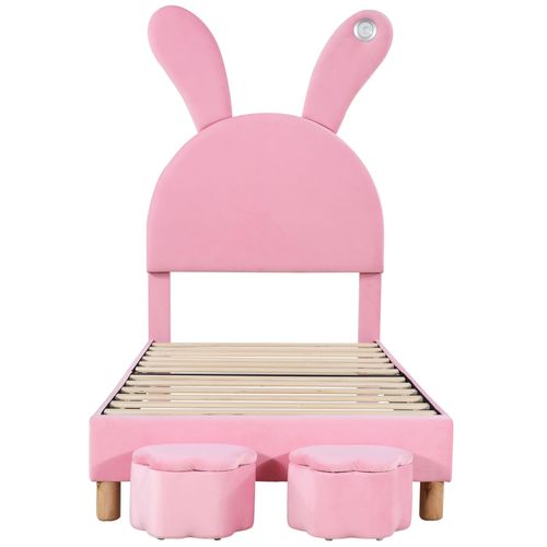 Lit Simple Enfant 90x200cm, Tête De Lit Réglable Avec 2 Coffres De Rangement, LED, Velours, Rose