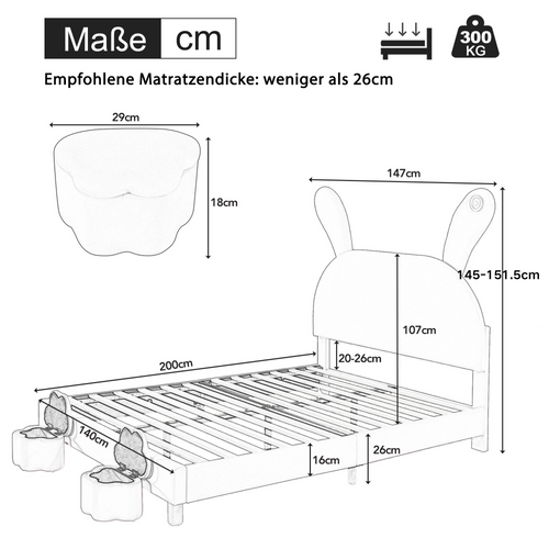 Lit Enfant 140x200cm, Tête De Lit Réglable, LED, Velours, Rose