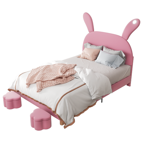 Lit Enfant 140x200cm, Tête De Lit Réglable, LED, Velours, Rose