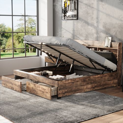 Lit Coffre Adulte 140x200 Cm, Lit 2 Place, Avec Tête De Lit Coffre Et 2 Tiroirs, Couleur Naturelle