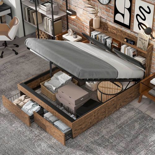 Lit Coffre Adulte 140x200 Cm, Lit 2 Place, Avec Tête De Lit Coffre Et 2 Tiroirs, Couleur Naturelle