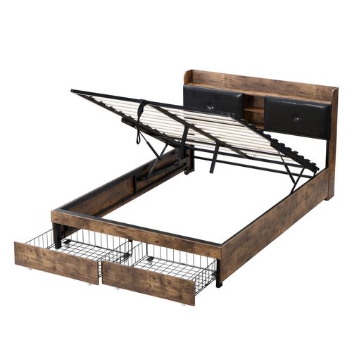 Lit Coffre Adulte 140x200 Cm, Lit 2 Place, Avec Tête De Lit Coffre Et 2 Tiroirs, Couleur Naturelle