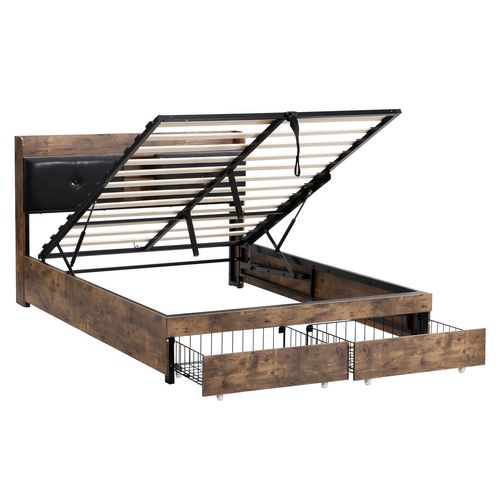 Lit Coffre Adulte 140x200 Cm, Lit 2 Place, Avec Tête De Lit Coffre Et 2 Tiroirs, Couleur Naturelle