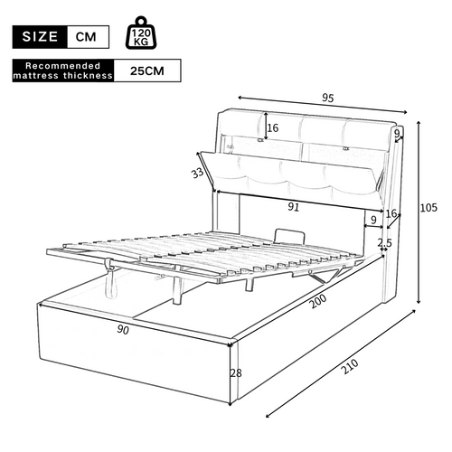 Lit Coffre Hydraulique Lit 90x200, Lit Enfant, Lit Jeune Avec Tête De Lit Rangement, Pu , blanc