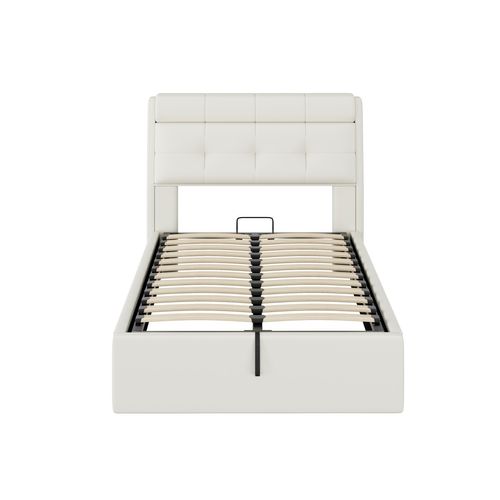 Lit Coffre Hydraulique Lit 90x200, Lit Enfant, Lit Jeune Avec Tête De Lit Rangement, Pu , blanc