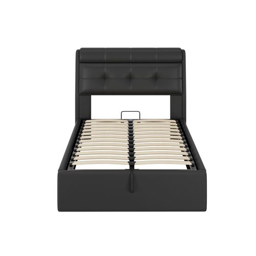 Lit Coffre Hydraulique Lit 90x200, Lit Enfant, Lit Jeune Avec Tête De Lit Rangement, Pu, ​​noir