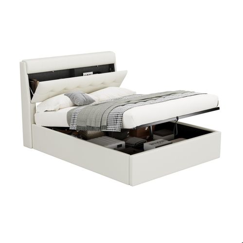 Lit Coffre Hydraulique Lit 140x190, Lit Adulte, Lit 2 Place Avec Tête De Lit Rangement, Pu, ​​blanc