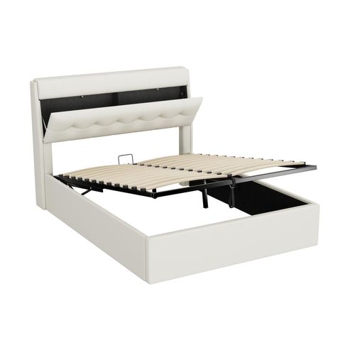 Lit Coffre Hydraulique Lit 140x200, Lit Adulte, Lit 2 Place Avec Tête De Lit Rangement, Pu, blanc