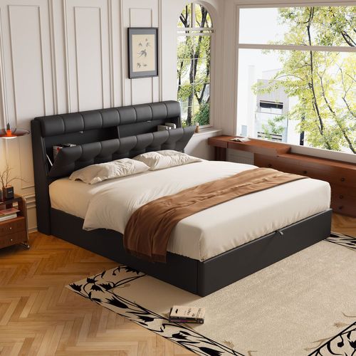 Lit Coffre Hydraulique Lit 140x200, Lit Adulte, Lit 2 Place Avec Tête De Lit Rangement, Pu, ​​noir