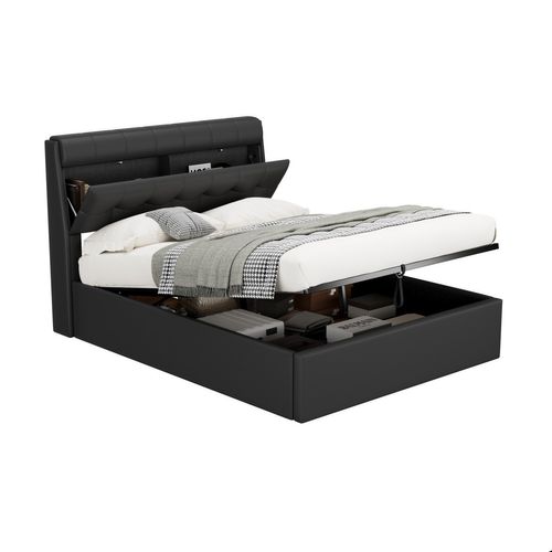 Lit Coffre Hydraulique Lit 140x200, Lit Adulte, Lit 2 Place Avec Tête De Lit Rangement, Pu, ​​noir