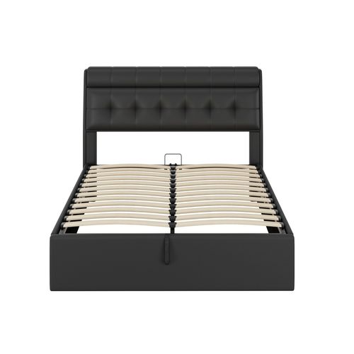 Lit Coffre Hydraulique Lit 140x200, Lit Adulte, Lit 2 Place Avec Tête De Lit Rangement, Pu, ​​noir