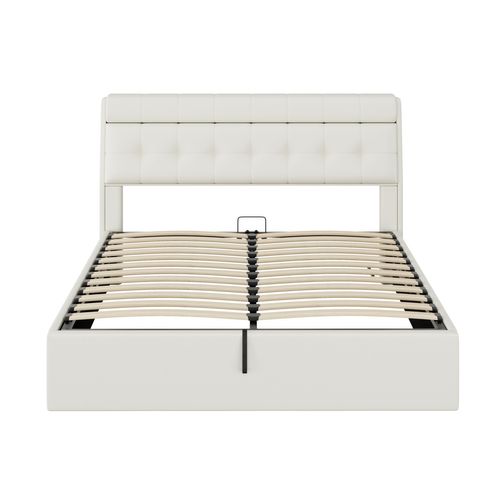 Lit Coffre Hydraulique Lit 160x200, Lit Adulte, Lit 2 Place Avec Tête De Lit Rangement, Pu, ​​blanc