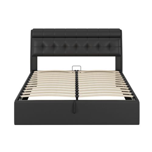 Lit Coffre Hydraulique Lit 160x200, Lit Adulte, Lit 2 Place Avec Tête De Lit Rangement, Pu, ​​noir