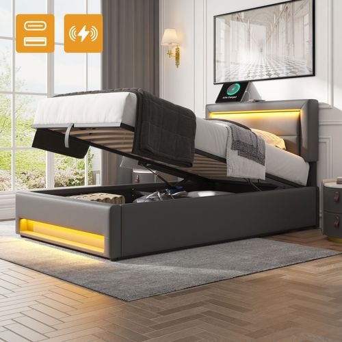 Lit Enfant Lit Coffre 90x190 Cm, Lit Jeune Avec Port De Charge USB Et Éclairage LED, Pu, ​​gris