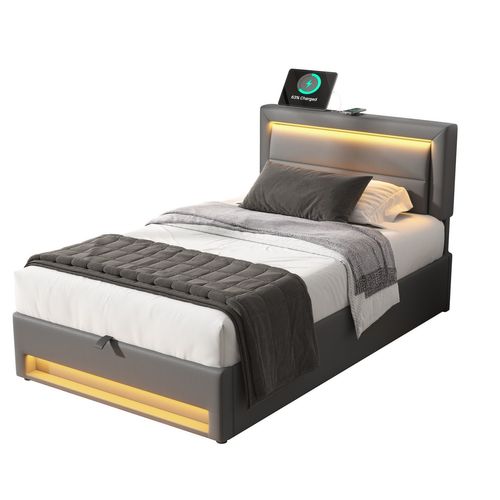 Lit Enfant Lit Coffre 90x190 Cm, Lit Jeune Avec Port De Charge USB Et Éclairage LED, Pu, ​​gris