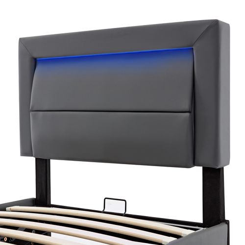 Lit Enfant Lit Coffre 90x190 Cm, Lit Jeune Avec Port De Charge USB Et Éclairage LED, Pu, ​​gris