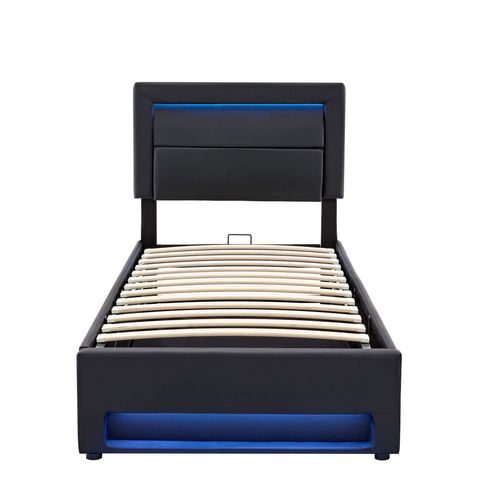 Lit Enfant Lit Coffre 90x190 Cm, Lit Jeune Avec Port De Charge USB Et Éclairage LED, Pu, noir
