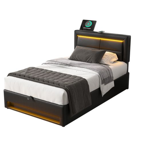 Lit Enfant Lit Coffre 90x200 Cm, Lit Jeune Avec Port De Charge USB Et Éclairage LED, Pu, noir
