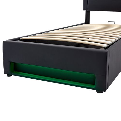 Lit Enfant Lit Coffre 90x200 Cm, Lit Jeune Avec Port De Charge USB Et Éclairage LED, Pu, noir