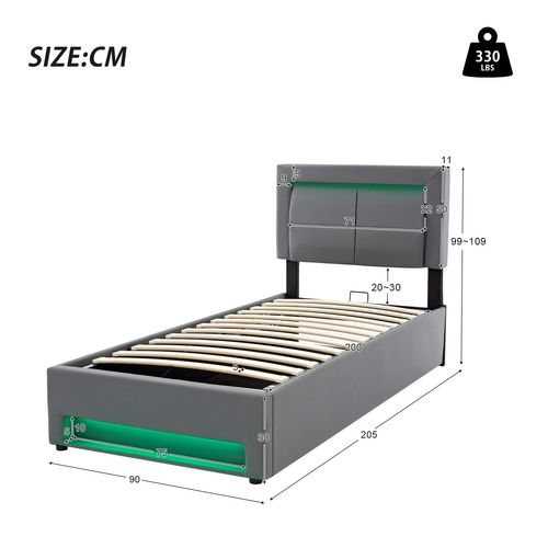 Lit Enfant Lit Coffre 90x200 Cm, Lit Jeune Avec Port De Charge USB Et Éclairage LED, Pu, ​​gris