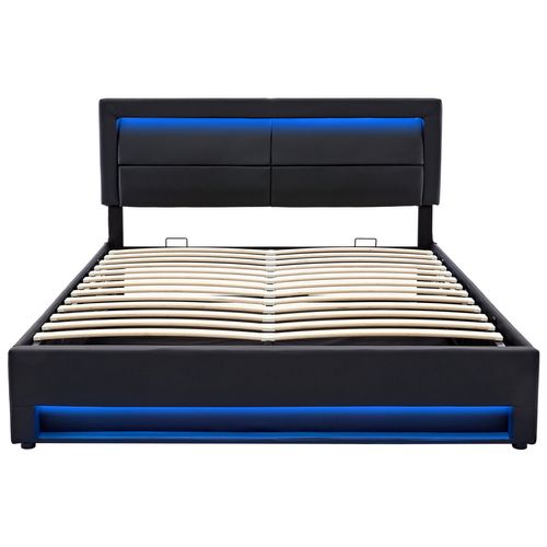 Lit Adulte Lit Coffre 140x190 Cm, Lit 2 Place Avec Port De Charge USB Et Éclairage LED, PU, ​​noir