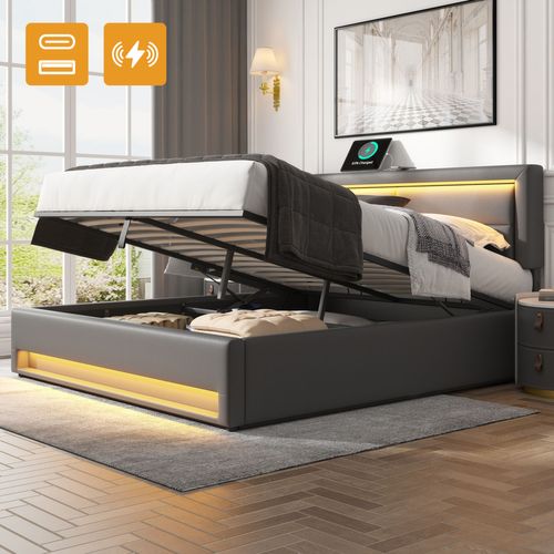 Lit Adulte Lit Coffre 140x190 Cm, Lit 2 Place Avec Port De Charge USB Et Éclairage LED, Pu, gris