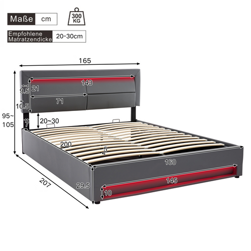 Lit Adulte Lit Coffre 160x200 Cm, Lit 2 Place Avec Port De Charge USB Et Éclairage LED, Pu, gris