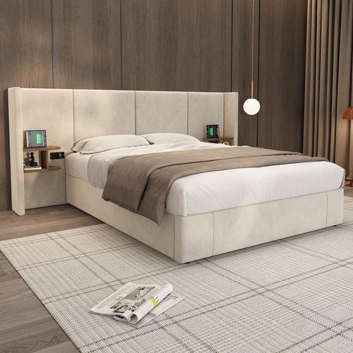 Lit Coffre Lit Adulte 160x200 Cm, Tête De Lit Large Avec USB, 2 Tables De Chevet, Velours, Beige