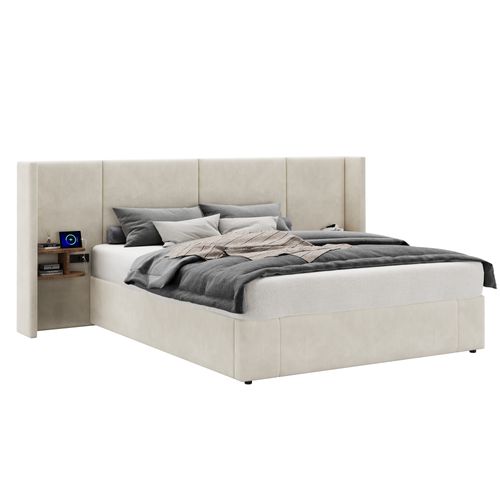 Lit Coffre Lit Adulte 160x200 Cm, Tête De Lit Large Avec USB, 2 Tables De Chevet, Velours, Beige
