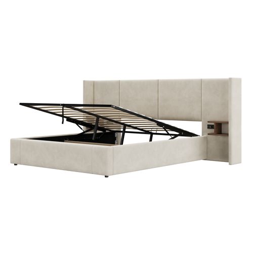 Lit Coffre Lit Adulte 160x200 Cm, Tête De Lit Large Avec USB, 2 Tables De Chevet, Velours, Beige