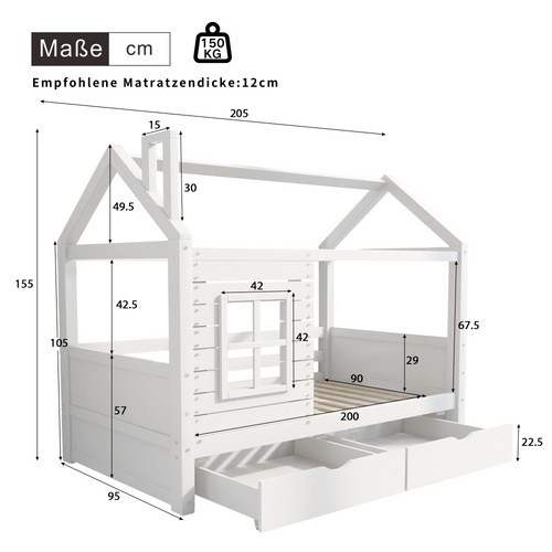 Lit Cabane Enfant 90x200cm, Lit Simple Avec Fenêtre Anti-chute, 2 Tiroirs, En Bois, Blanc