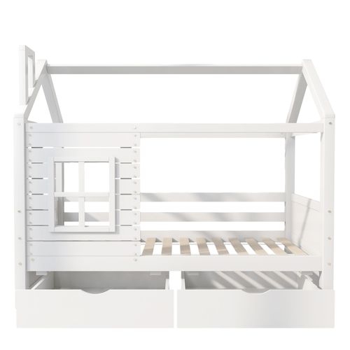 Lit Cabane Enfant 90x200cm, Lit Simple Avec Fenêtre Anti-chute, 2 Tiroirs, En Bois, Blanc