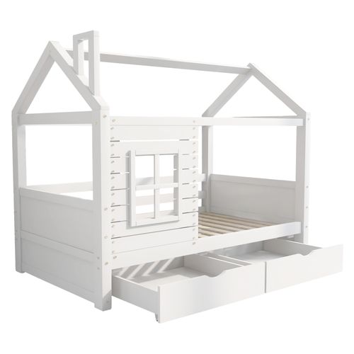 Lit Cabane Enfant 90x200cm, Lit Simple Avec Fenêtre Anti-chute, 2 Tiroirs, En Bois, Blanc
