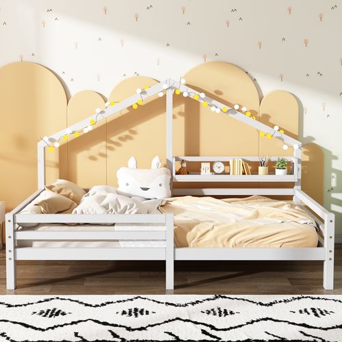 Lit Cabane Enfant 90x200cm Avec Barrière Et Étagère De Rangement, En Bois, Blanc