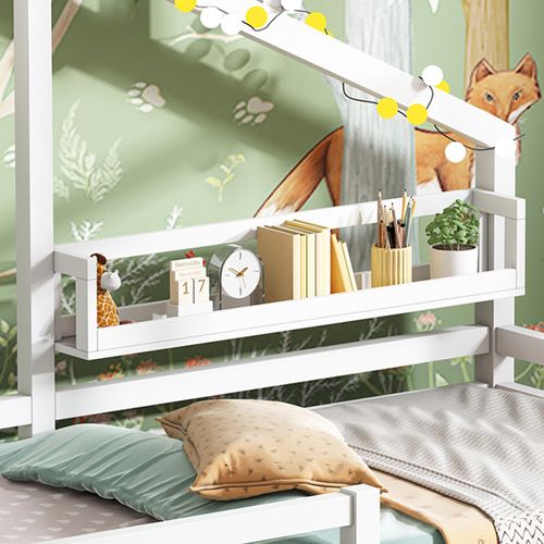 Lit Cabane Enfant 90x200cm Avec Barrière Et Étagère De Rangement, En Bois, Blanc