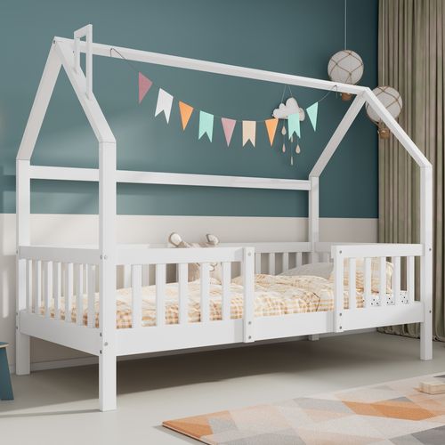 Lit Cabane Pour Enfant 90x200cm, Lit Simple Avec Barrière, En Bois, Blanc