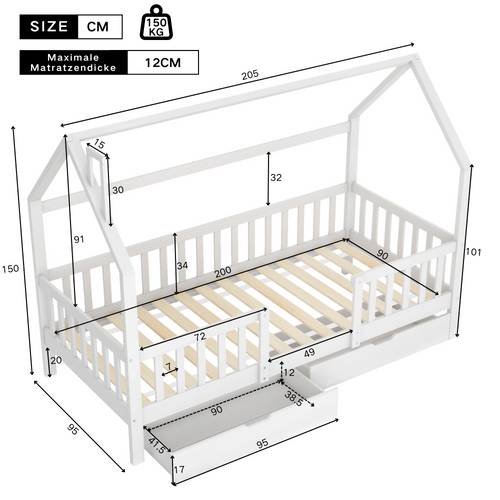 Lit Cabane Enfant 90x200cm, Lit Simple Avec Barrière, 2 Tiroirs, En Bois, Blanc
