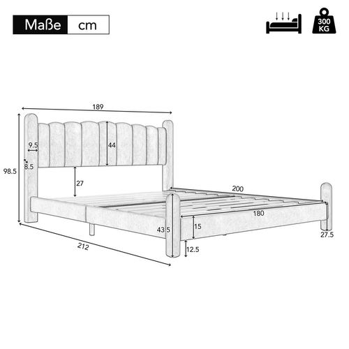 Lit Adulte 180x200 Cm, Lit 2 Place, Avec Sommier à Lattes, Pieds Cylindriques, Velours, Beige