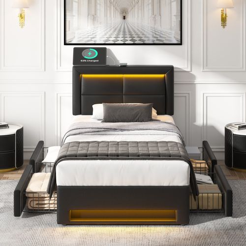 Lit Enfant 90x200 Cm, Lit Jeune Avec Port De Charge USB Et Éclairage LED, 4 Tiroirs, Pu, noir