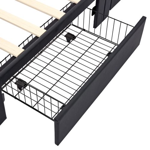 Lit Enfant 90x200 Cm, Lit Jeune Avec Port De Charge USB Et Éclairage LED, 4 Tiroirs, Pu, noir