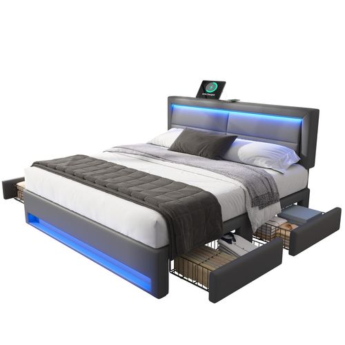 Lit Adulte 140x190 Cm, Lit 2 Place Avec Port De Charge USB Et Éclairage LED, 4 Tiroirs, Pu, ​​gris