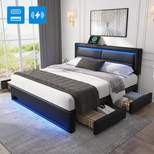 Lit Adulte 140x200 Cm, Lit 2 Place Avec Port De Charge USB Et Éclairage LED, 4 Tiroirs, Pu, noir