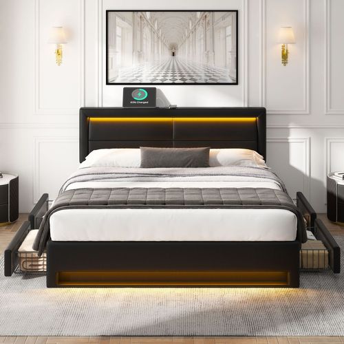 Lit Adulte 140x200 Cm, Lit 2 Place Avec Port De Charge USB Et Éclairage LED, 4 Tiroirs, Pu, noir